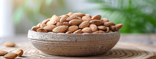 wide detailed macro closeup background photo of ceramic bowl full of brown color almond nuts on a rustic natural color wooden table top