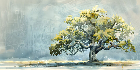 Lone Old Oak Tree Standing in Field	