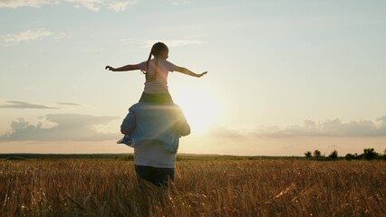 Little daughter on shoulders of her father. Girl and dad are traveling through wheat field. Child...