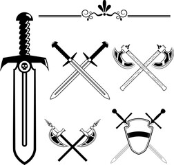 knightly swords and battle axes. set of design elements for logos, design games