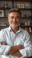 Obraz premium A man with a big smile on his face is standing in a living room. He is wearing a gray shirt and has his arms crossed. The room has a kitchen area with a refrigerator and a sink