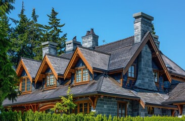 Rustic grey shingle roof on luxury home in vancouver, bright blue sky,