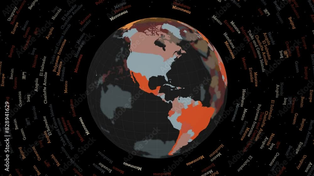 Poster rotating globe. dark translucent globe with round geographical names text. attractive spinning plane