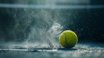 A dramatic shot of a tennis ball bouncing on a hard court, with dust particles visible in the air.