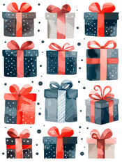 Cute Christmas gift boxes with ribbons in watercolor style, vector illustration