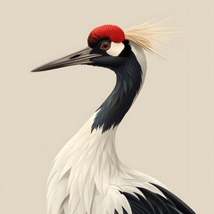 cute cartoon adult female Redcrowned Crane Grus japonensis with white and black plumage happy found in Japan Asia