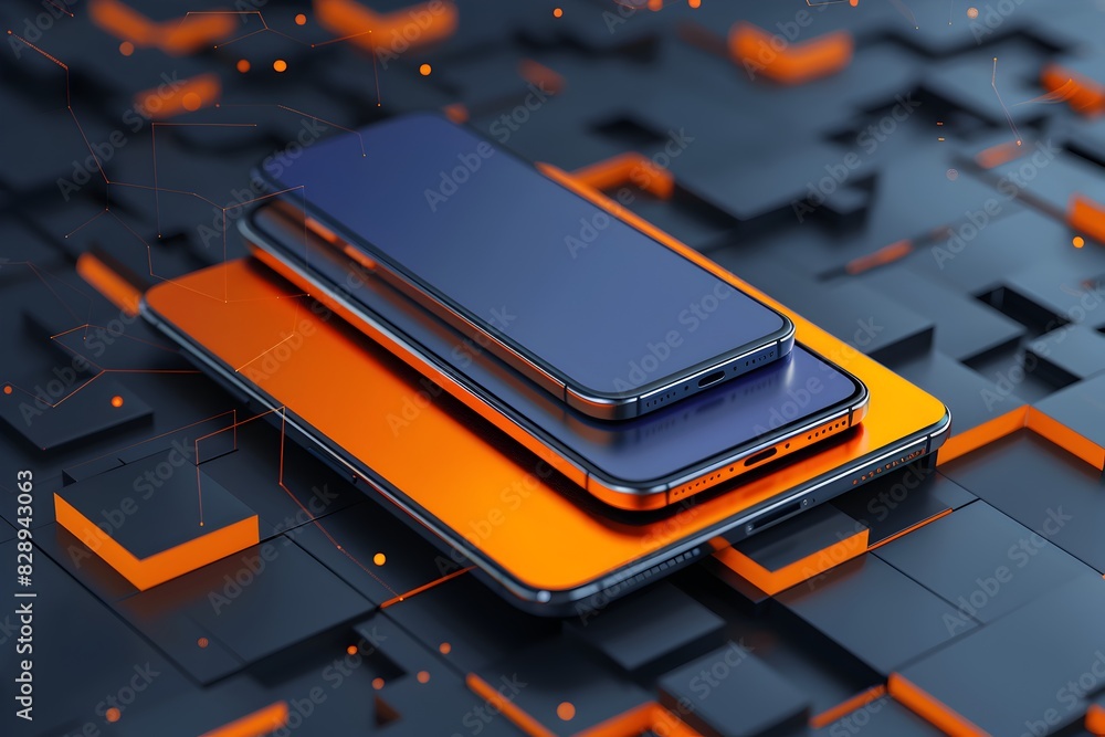 Poster 3d render of two smartphones placed one on top of the other, with an orange and navy blue color them