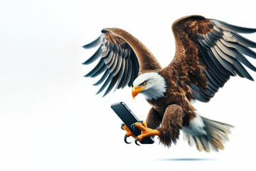 Obraz premium eagle flies with a smartphone in paws Isolated on white background