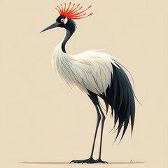cute cartoon adult female Redcrowned Crane Grus japonensis with white and black plumage happy found in Japan Asia