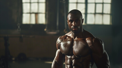 Muscular man with glistening skin in a gym, posing confidently and highlighting his defined physique and strength