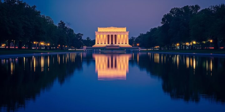 Dusk settles over the Lincoln Memorial with its reflection on the water in Washington, DC, creating a symmetrical view - Powered by Adobe