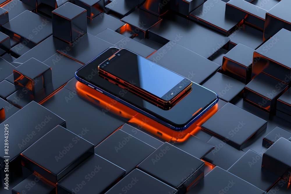 Poster 3d render of two smartphones placed one on top of the other, with an orange and navy blue color them