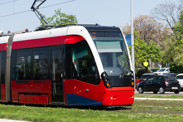 Modern tram on the city street