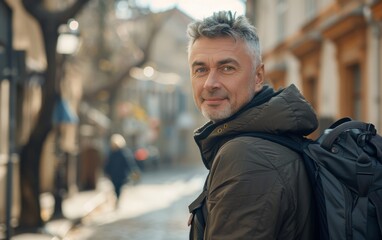 Obraz premium A middleaged man with gray hair walking on a city street wearing a backpack