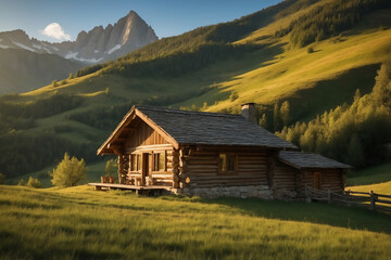 Obraz premium Charming Log Cabin in the Bavarian Alps with Scenic Mountain Views and Lush Greenery at Sunset