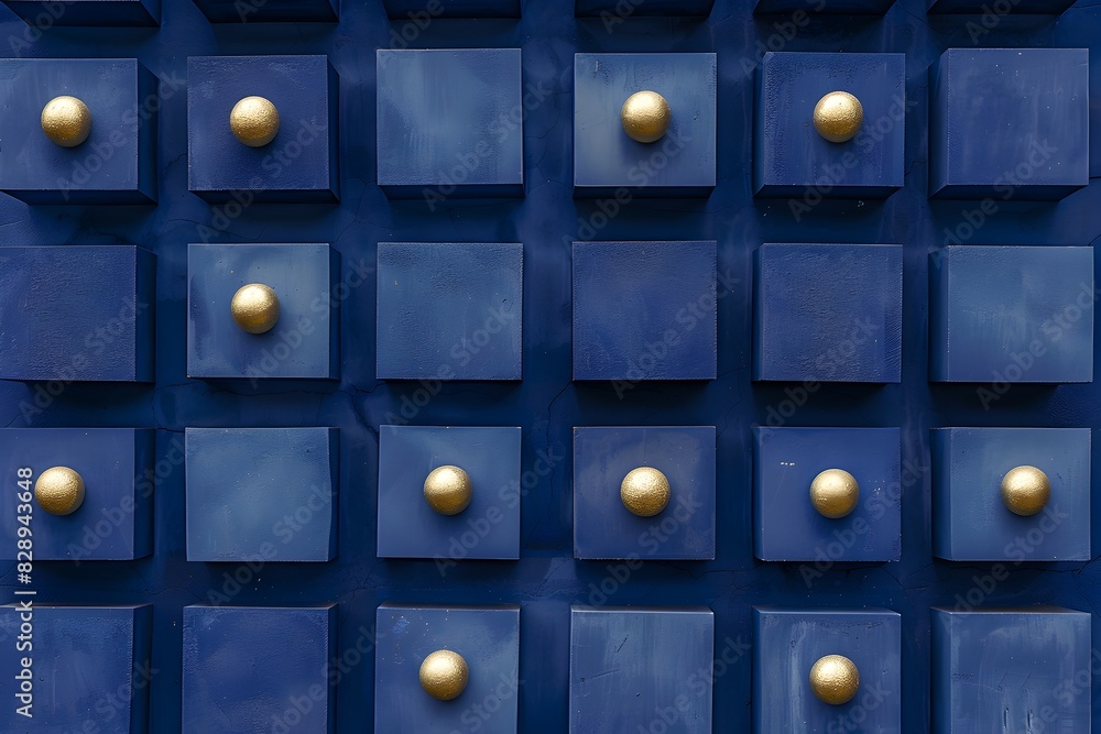 Poster a top-down view of square blue boxes arranged in rows and columns, each containing one gold ball, ag
