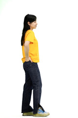 Fototapeta premium Woman, full-length, on a white background, hands on hips