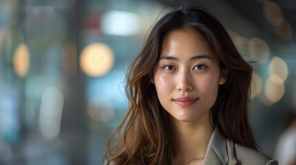 Fototapeta premium Woman of Asian descent, her demeanor poised and confident as she faces 
