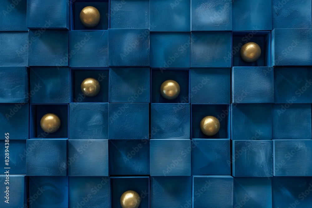 Poster a top-down view of square blue boxes arranged in rows and columns, each containing one gold ball, ag