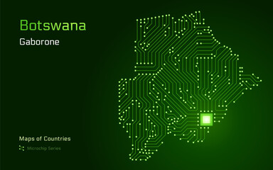 Botswana Map with a capital of Gaborone Shown in a Microchip Pattern with processor. E-government. World Countries vector maps. Microchip Series	