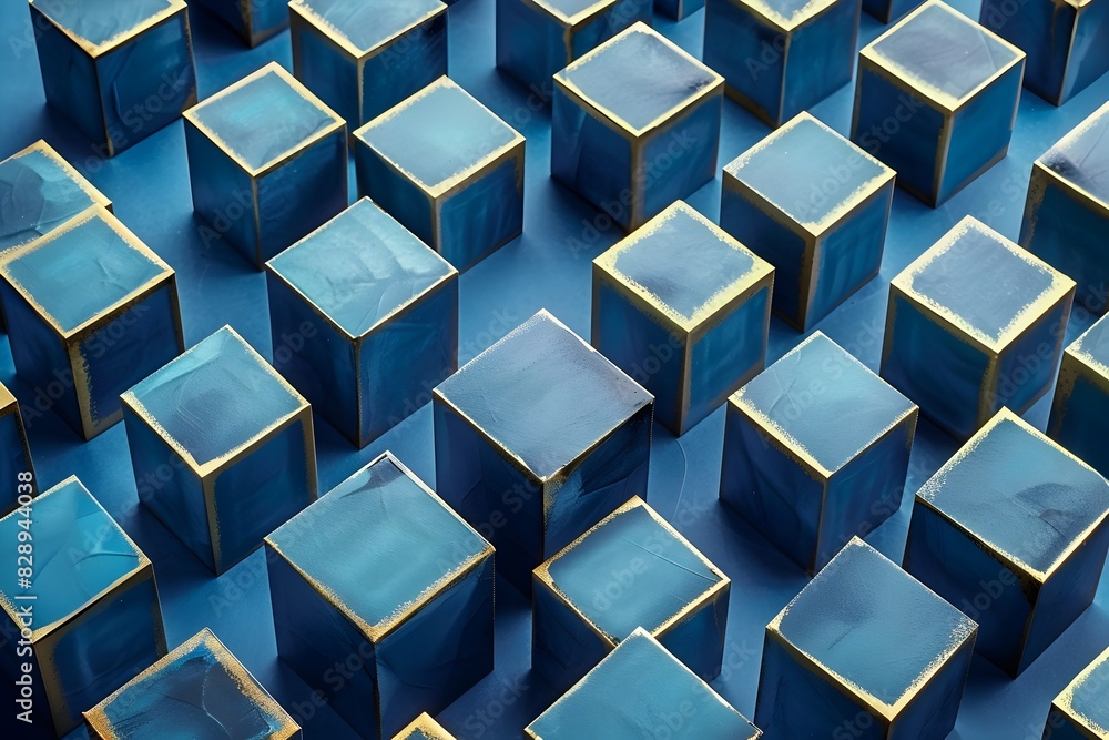 Aufkleber blue cubes with gold details, arranged in an overhead perspective, creating a visually appealing and