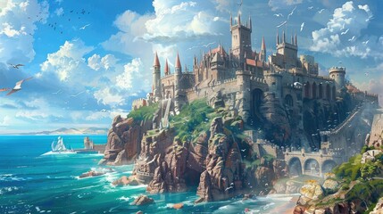  A medieval castle on a cliff overlooking the ocean, with knights and dragons. Medieval castle, cliffside setting, ocean view, knights, dragons, epic fantasy. Resplendent