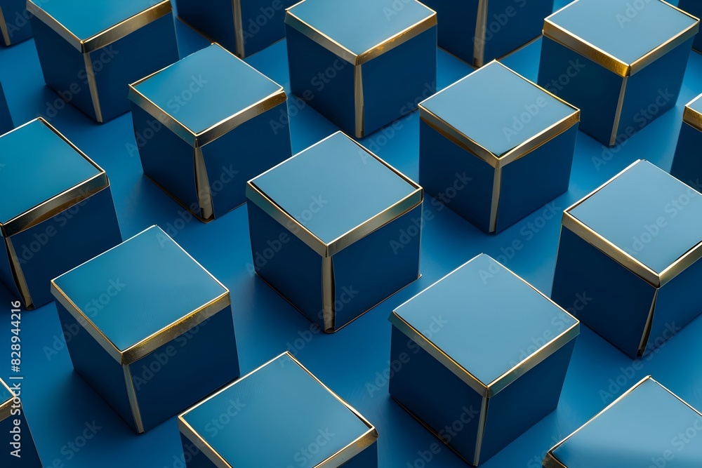 Aufkleber blue cubes with gold details, arranged in an overhead perspective, creating a visually appealing and