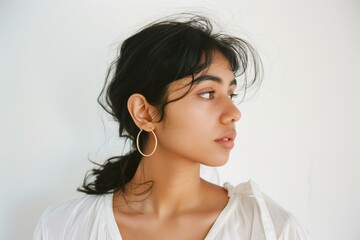Fototapeta premium young South Asian woman looking to the side, wearing gold hoop earrings and a white blouse, white background