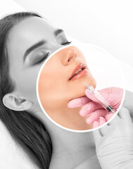 Cosmetologist makes lipolytic injections to burn fat on the chin, cheeks and neck of a woman against double chin. Female aesthetic cosmetology in a beauty salon.Cosmetology concept.