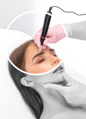 Permanent make-up for eyebrows and lips of beautiful woman in beauty salon. Closeup beautician doing eyebrows tattooing. arrows on the eyes