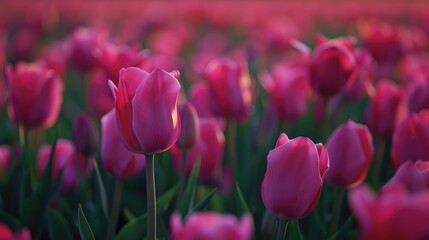 Tulips of a pink hue growing in a field of tulips in Holland