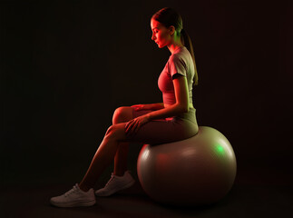 Slim, bodybuilder girl in a tracksuit, sitting on a mat with a Pilates ball,  cardio workout. Sports concept, fat burning and healthy lifestyle.