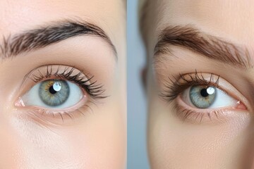 A woman eyes and brow area comparing the lifting effect of an eyelid surgery before and after the procedure