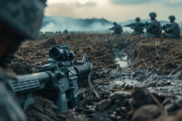 Infantry soldiers upright rifle in dirt, symbolizing a minimalist Memorial Day tribute focus on, honoring the fallen, realistic, composite against a battlefield backdrop