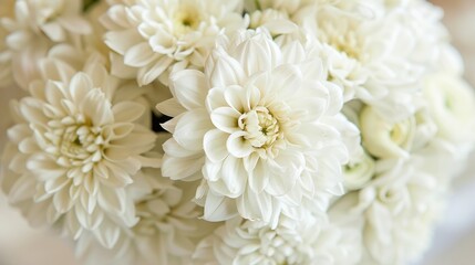 A close up image of the white chrysanthemum bridal bouquet