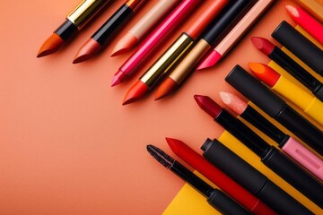 An array of lip liners and lipsticks on a minimalist background highlighting the tools used for lip contouring