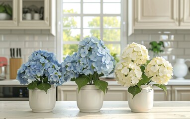 Fototapeta premium Three white vases on a kitchen countertop filled with blue and white hydrangea flowers