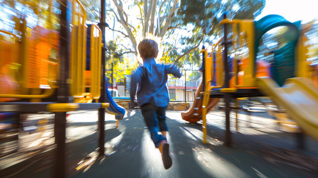 Boy running on playground. Rear view of young boy running fast with motion blur, having fun at park playground.