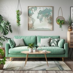 Stylish scandinavian living room with design mint sofa, furnitures, mock up poster map, plants and elegant personal accessories. Modern home decor. Open space with dining room. Template Ready to ..
