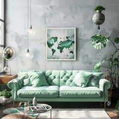 Stylish scandinavian living room with design mint sofa, furnitures, mock up poster map, plants and elegant personal accessories. Modern home decor. Open space with dining room. Template Ready to ..
