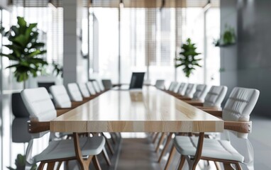 Fototapeta premium Modern dining room setup featuring a long wooden table surrounded by white chairs