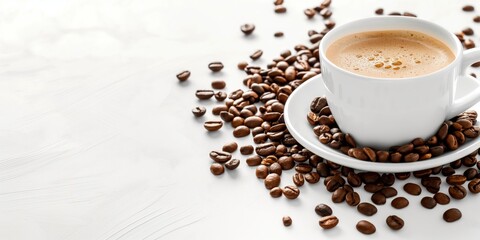Obraz premium Freshly brewed espresso in a white ceramic cup on a light background, surrounded by scattered coffee beans