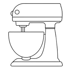  line drawing of a stand mixer with a bowl and beaters