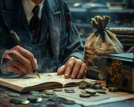 Closeup of a detective writing in a notebook, with an evidence bag full of clues placed on a desk
