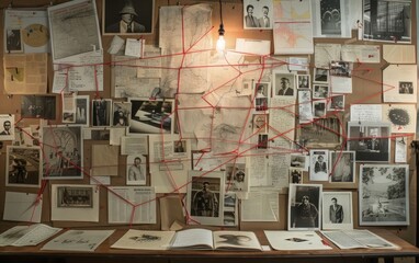 A detailed investigation board with photos, notes, and red strings weaving through critical clues