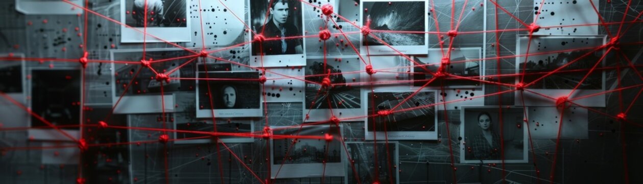 A mysterious investigation board filled with photos, red strings connecting the dots, revealing hidden patterns
