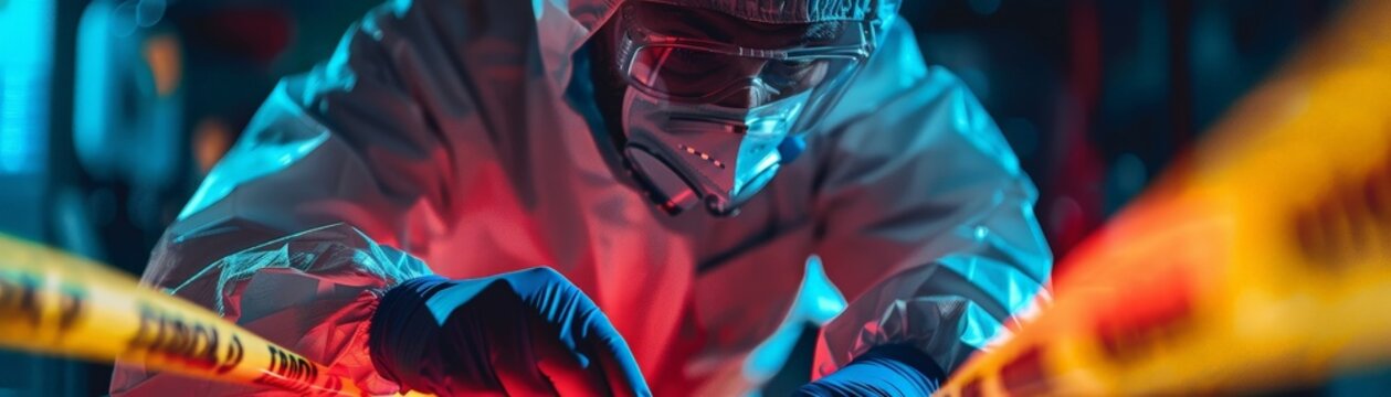 A forensic investigator in action, surrounded by police tape and evidence markers, capturing critical details