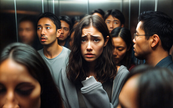 Anxious Woman in Crowded Elevator Feeling Claustrophobic and Trapped