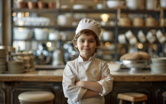 A young girl wearing a chefs hat stands confidently in front of a kitchen counter in a bright room