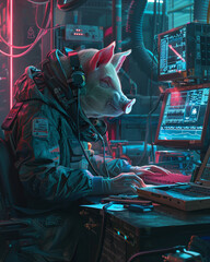 A pig-headed doctor in a futuristic lab, with holographic medical equipment and neon lighting, Cyberpunk, Neon colors, Digital painting